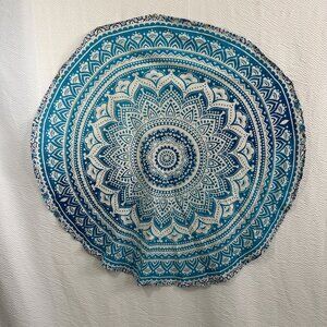 BoHo Meditation Shades of blue white Mandela cotton print tablecloth 45" round
